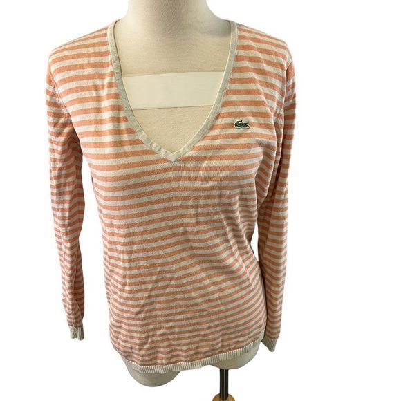 LACOSTE‎ Orange Cream Stripe V Neck Sweater (40) - Picture 8 of 8